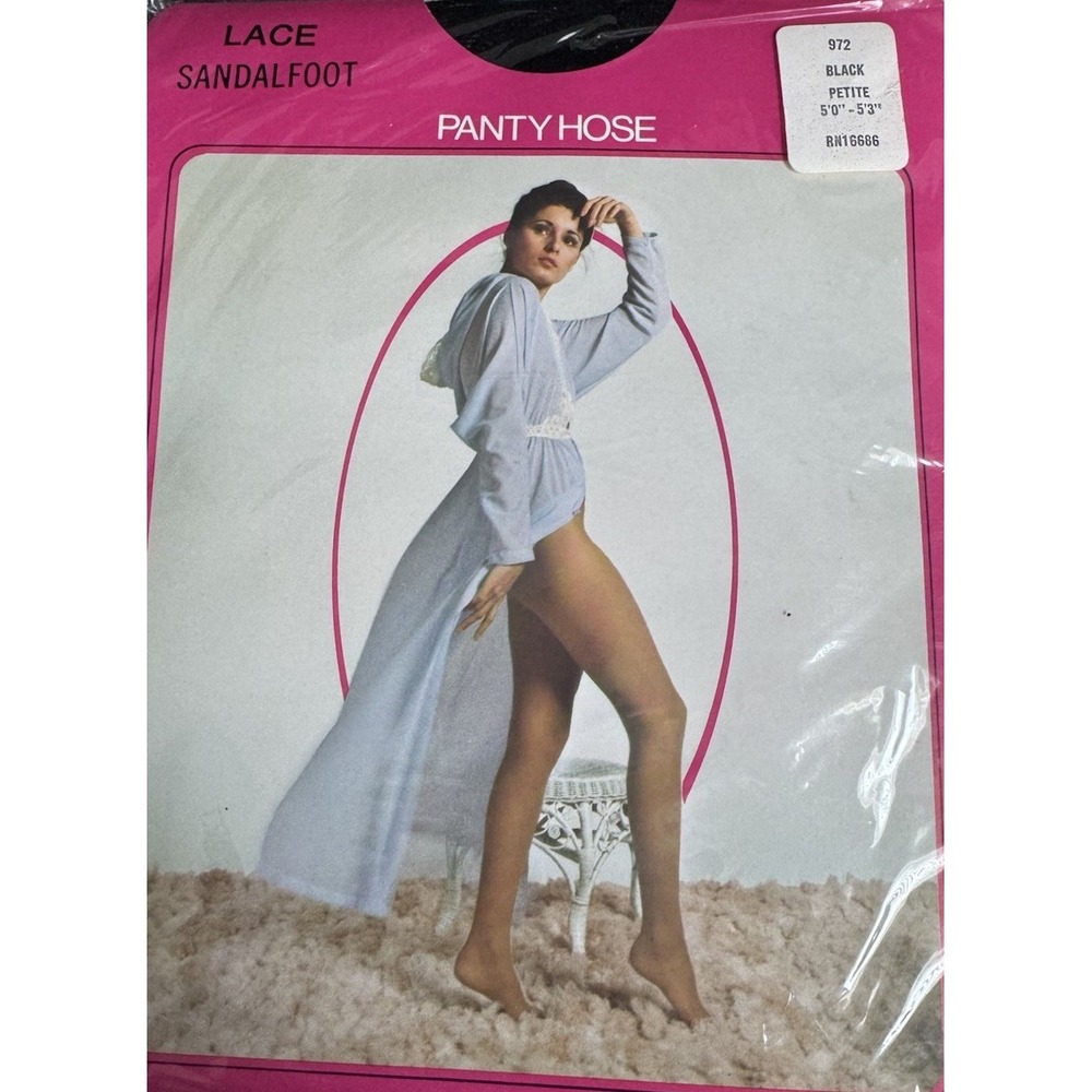 Vintage Panty Hose Lace Sexy Black Nylon Size Petite Small Made In USA 80s NIP - Picture 2 of 3